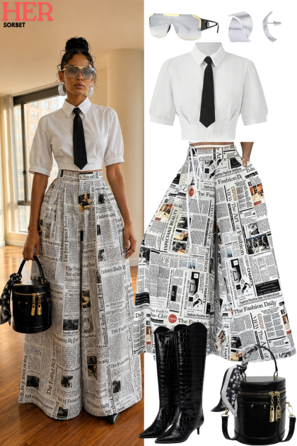 Corporate Goth: Newspaper Print Wide-Leg Outfit