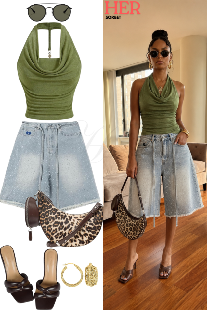 Olive Halter Top and Denim Bermuda Outfit