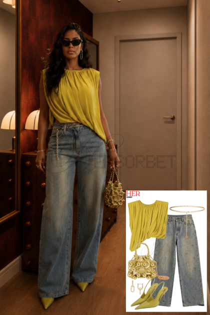 Chartreuse Draped Top Outfit: Chic Fall Street Style with Wide-Leg Jeans